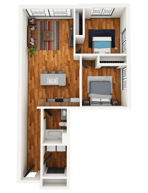 Floor plan for 2 beds, 1 bath, 904 sqft